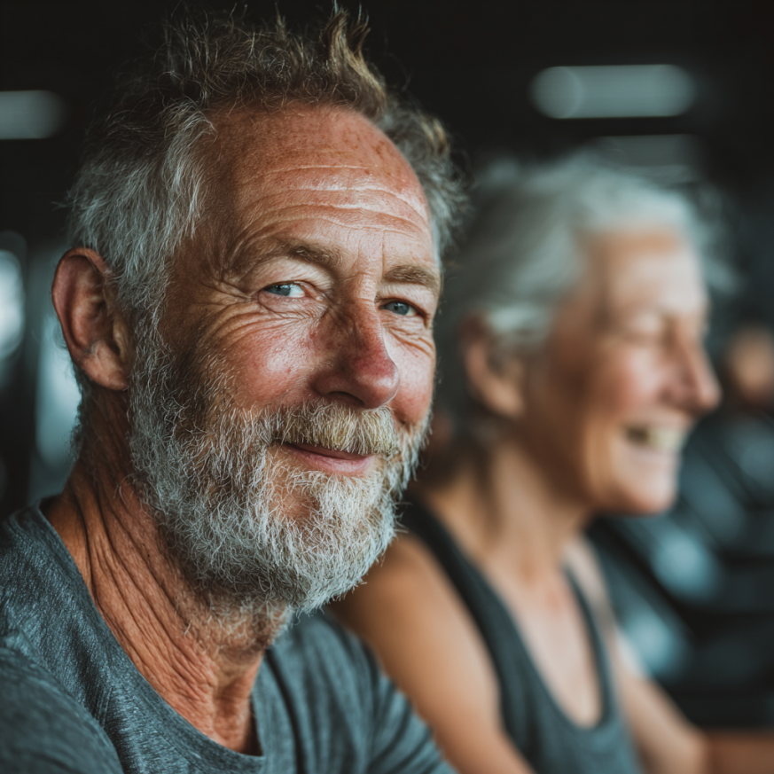 Grup energic de adulți maturi participând la o sesiune de fitness în aer liber, zâmbitori și plini de vitalitate